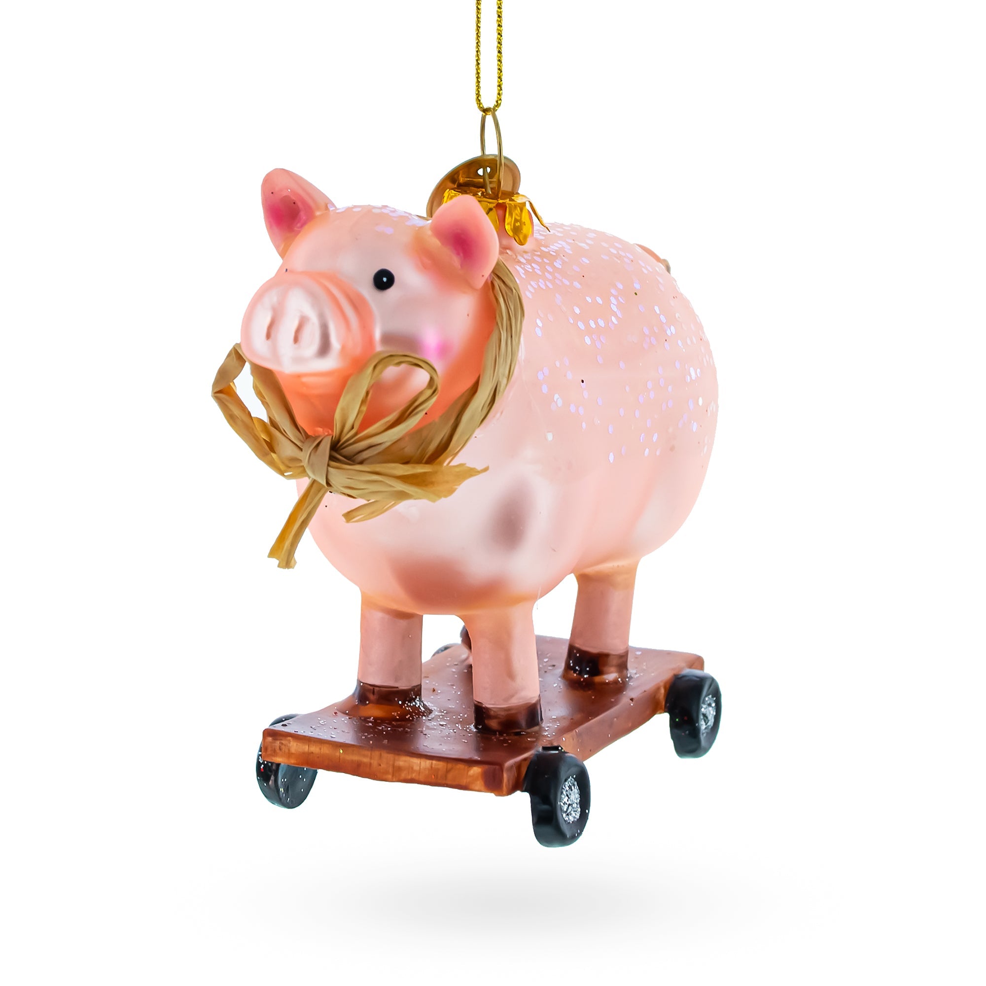 Playful Pig Riding A Skateboard - Blown Glass Christmas Ornament