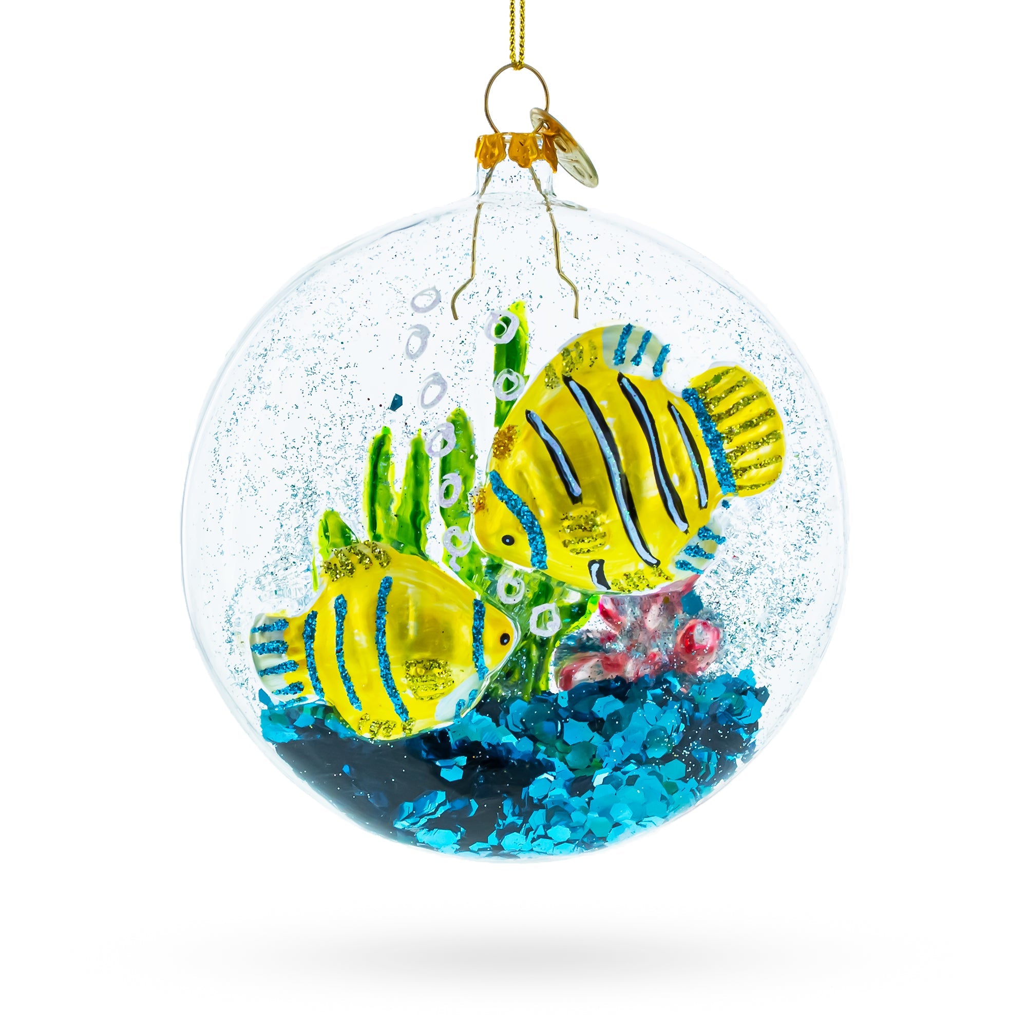 Yellow Fishes Inside Fish Tank - Blown Glass Christmas Ornament