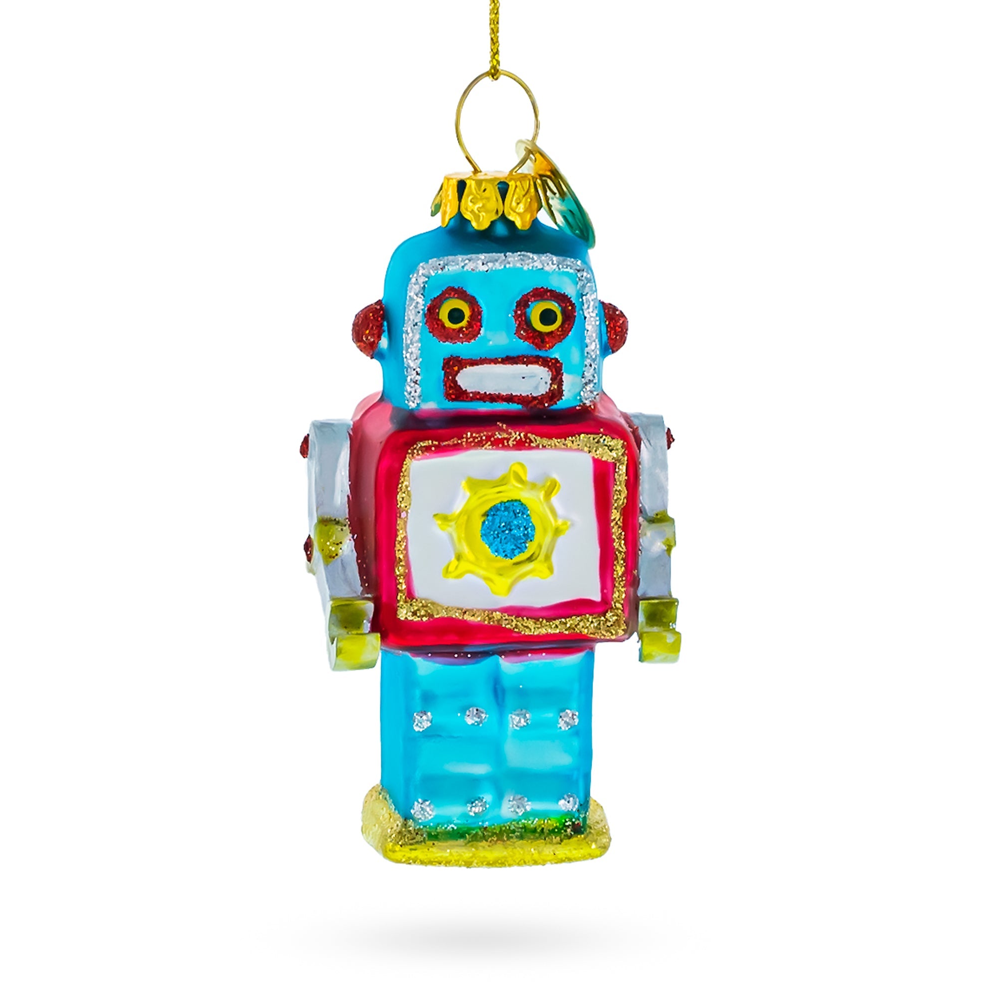 Quirky Square-headed Robot - Blown Glass Christmas Ornament