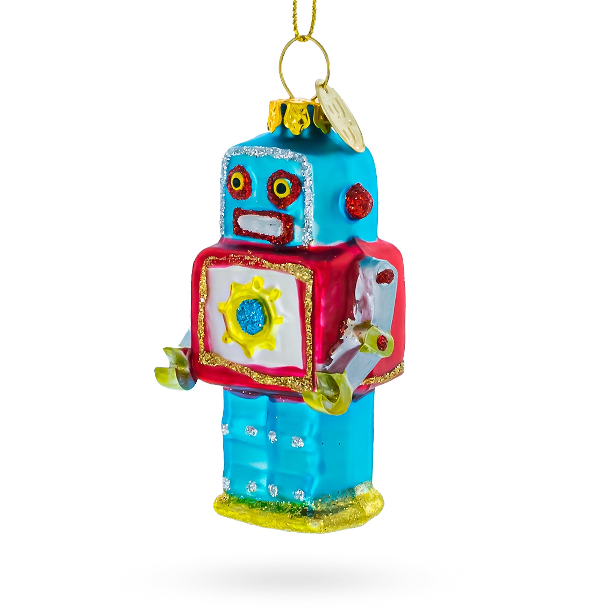 Quirky Square-headed Robot - Blown Glass Christmas Ornament