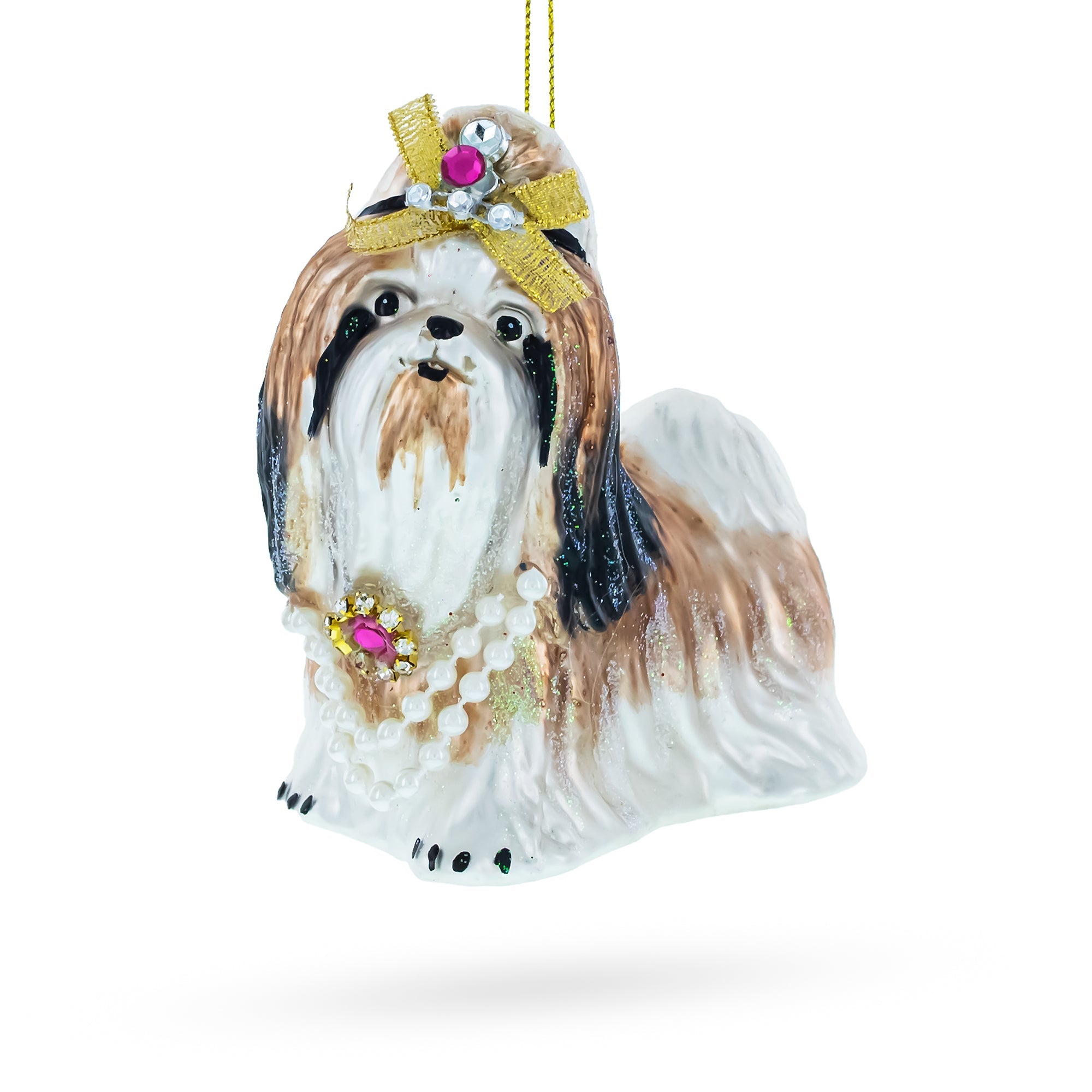 Glam Terrier With Jeweled Bow - Blown Glass Christmas Ornament