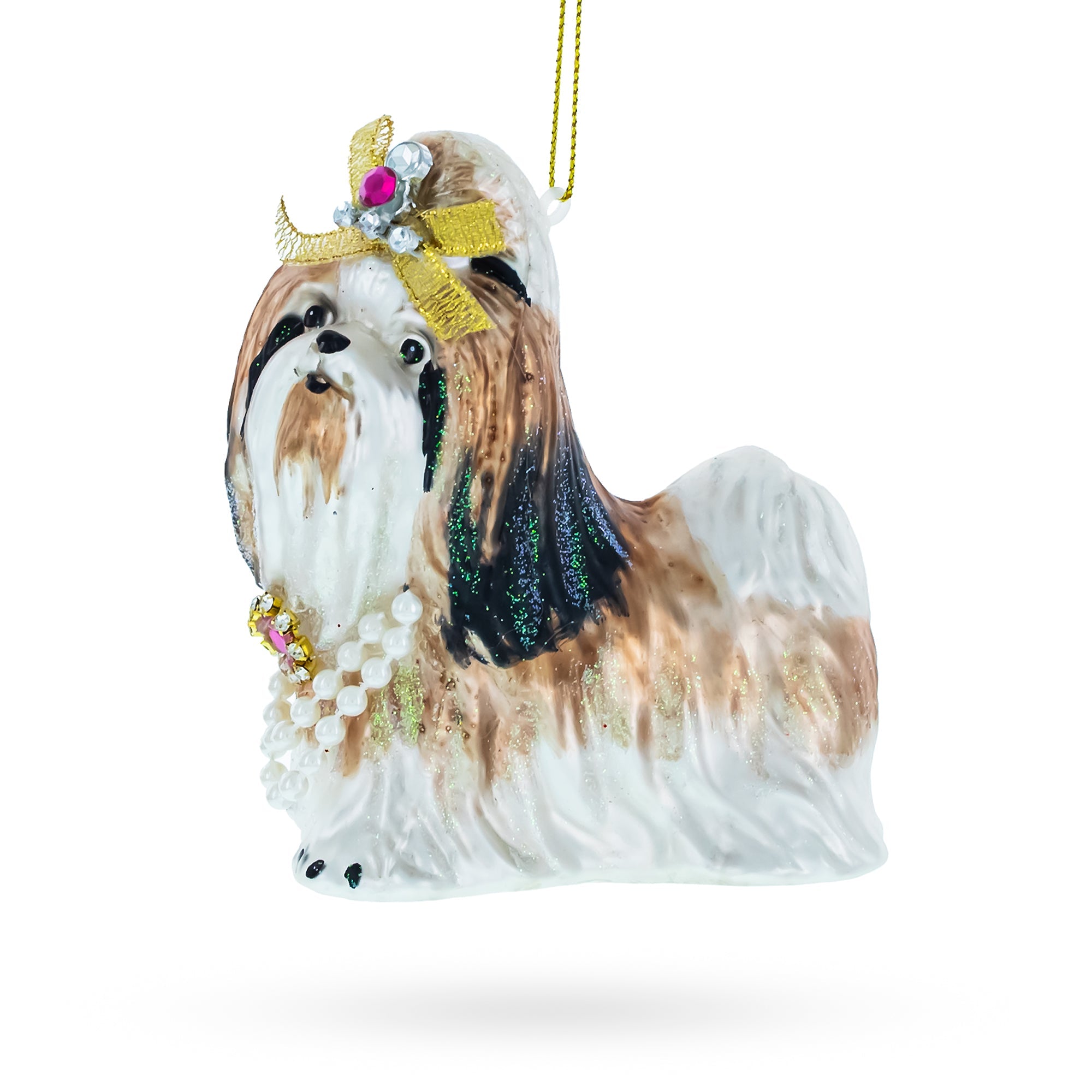 Glam Terrier With Jeweled Bow - Blown Glass Christmas Ornament