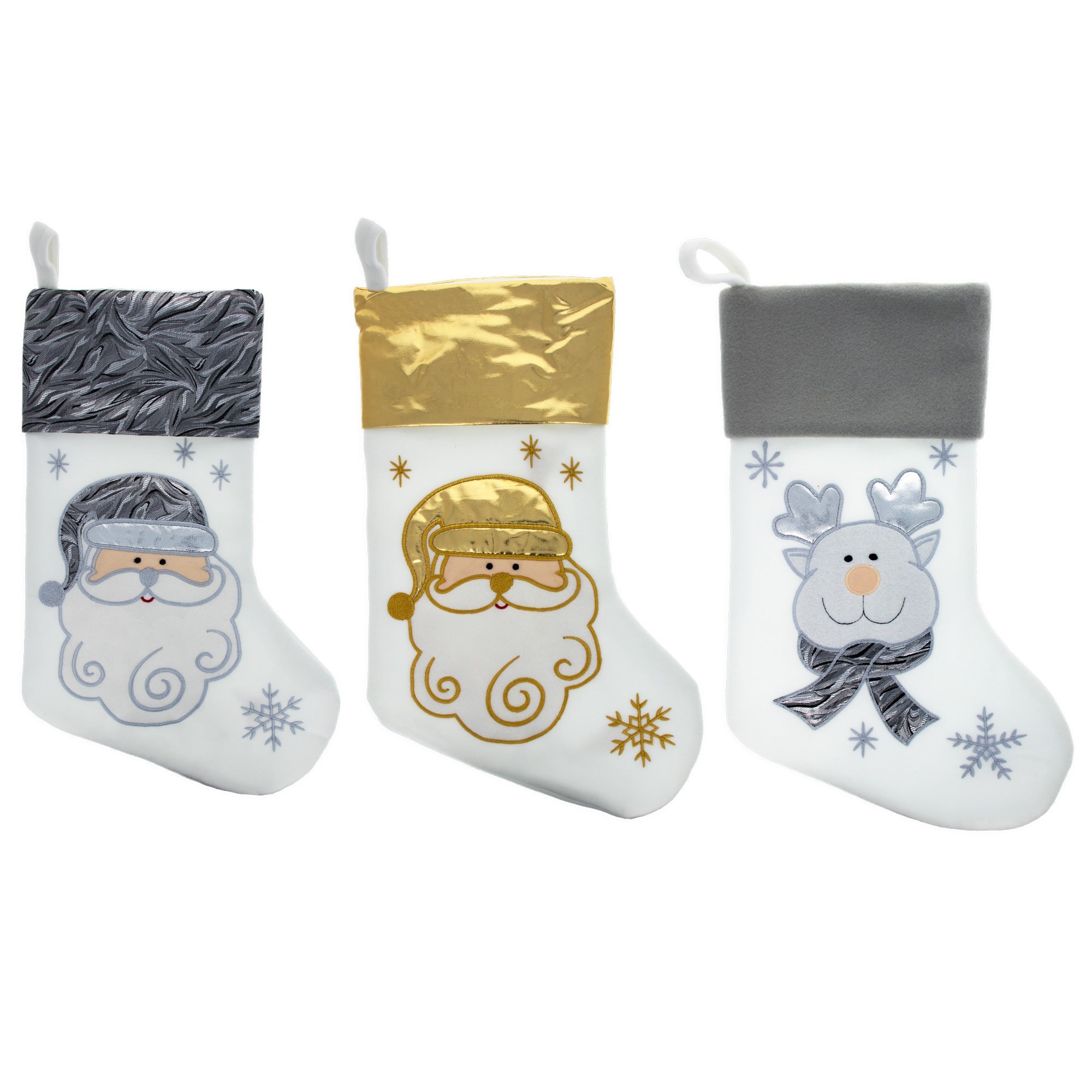 Set Of 3 Gold And Silver, On White Felt Santa, Reindeer Christmas Stockings 15 Inches