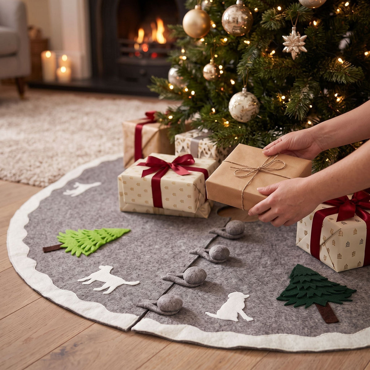 72" Cream Dogs And Green Trees Christmas Tree Skirt On Gray In Hand Felted Wool