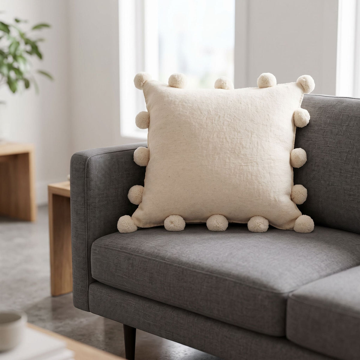 Cream Pom Poms Cream - Hand Felted Wool Pillow - 20"