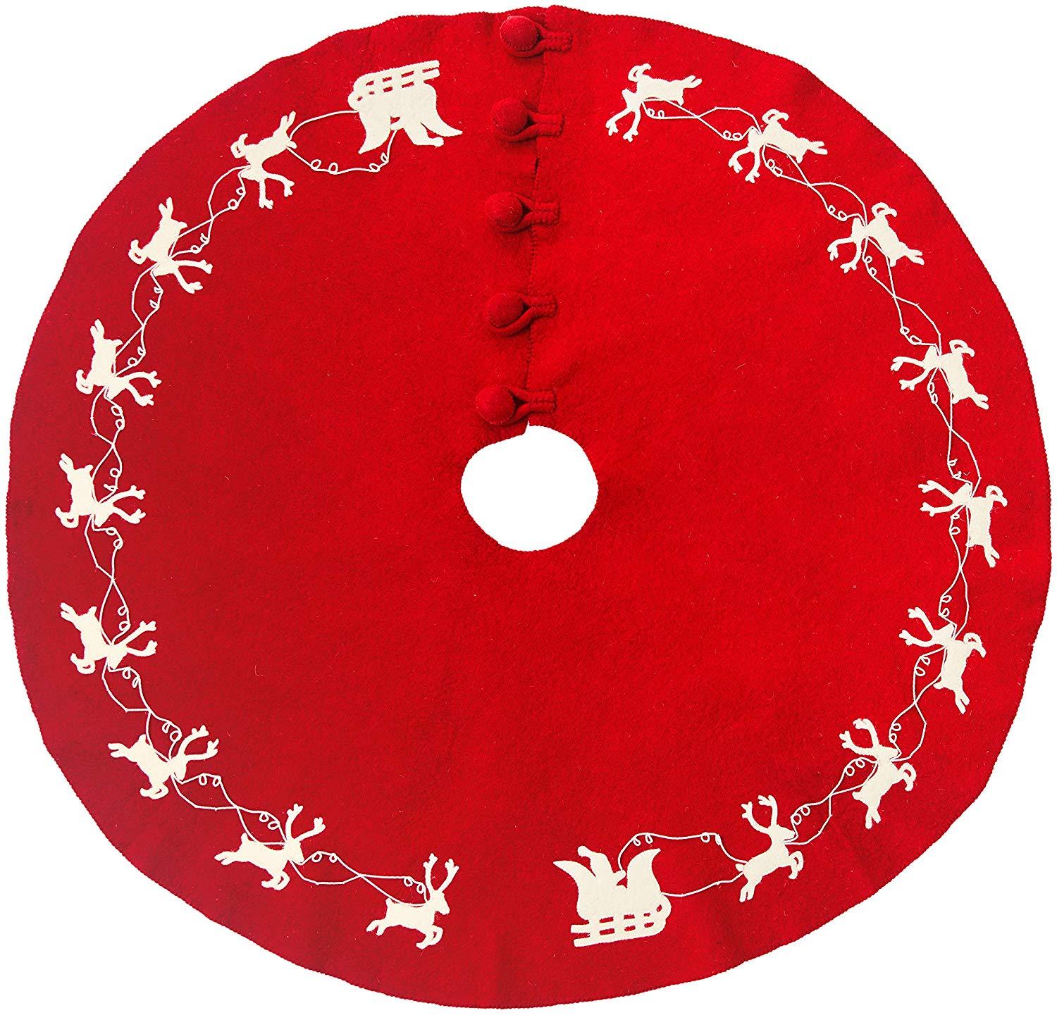 Cream Reindeer Red Christmas Tree Skirt Hand Felted Wool - 60"/72"