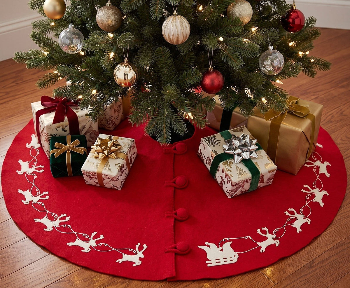 Cream Reindeer Red Christmas Tree Skirt Hand Felted Wool - 60"/72"