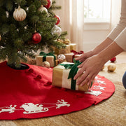 Cream Reindeer Red Christmas Tree Skirt Hand Felted Wool - 60"/72"