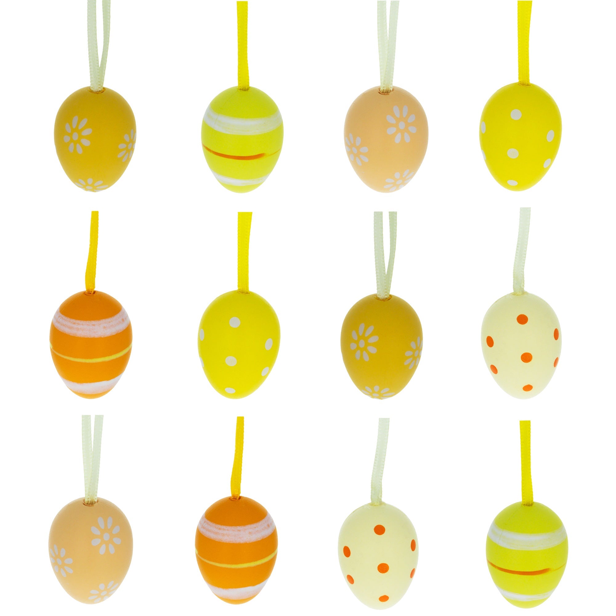 Bag Of 12 Miniature Pastel Yellow Polka Dot, Flowers, Stripes Plastic Easter Egg Ornaments 1.5 Inches