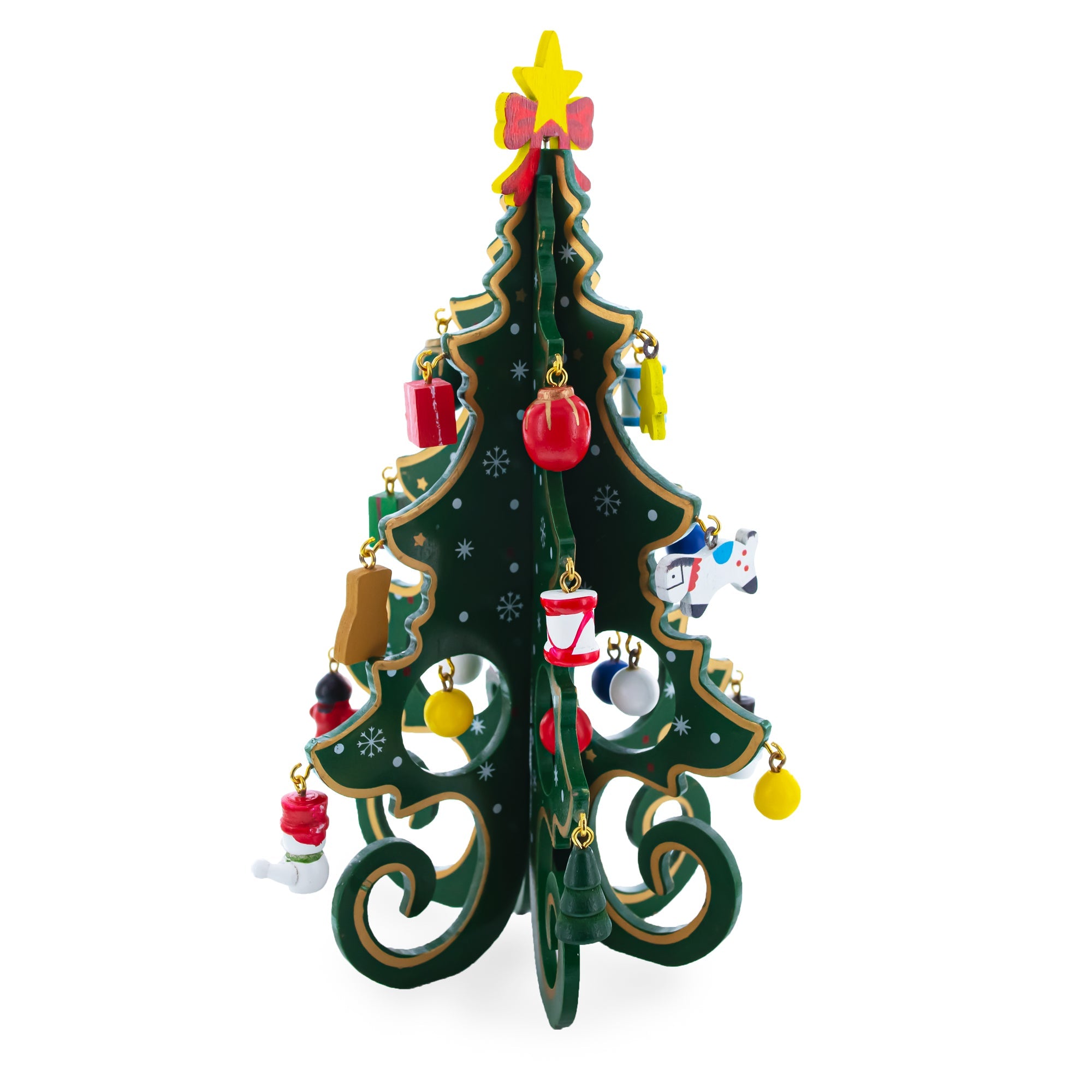 Wooden Tabletop Christmas Tree With Cute Miniature German Style Wooden Ornaments 7.5 Inches