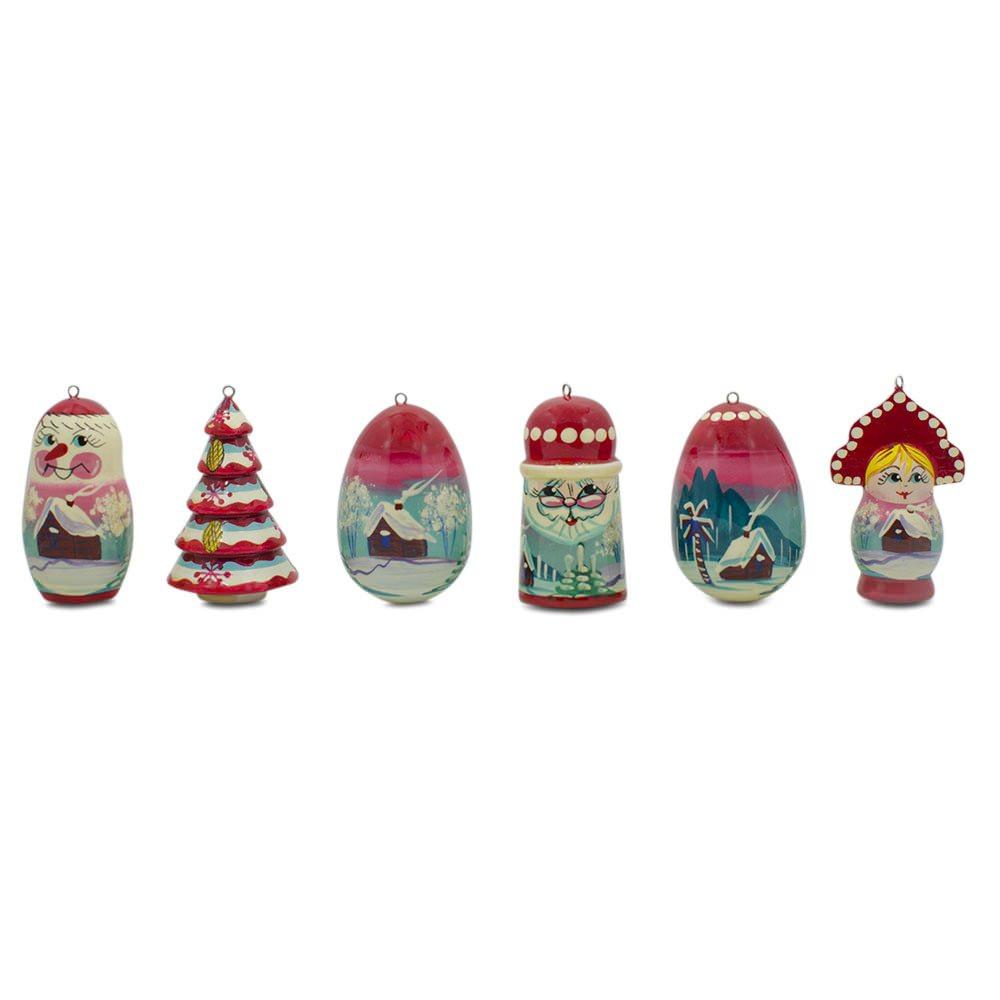 6 Christmas Tree, Snowman, Santa, Village House, Wooden Doll Christmas Ornaments