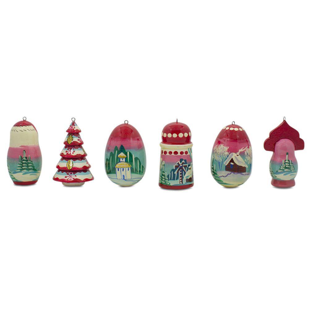 6 Christmas Tree, Snowman, Santa, Village House, Wooden Doll Christmas Ornaments