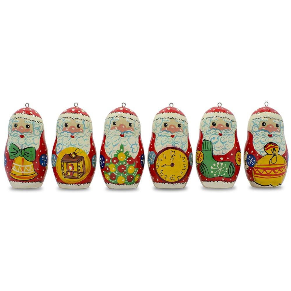 Set Of 6 Santa Wooden Christmas Ornaments 2.25 Inches