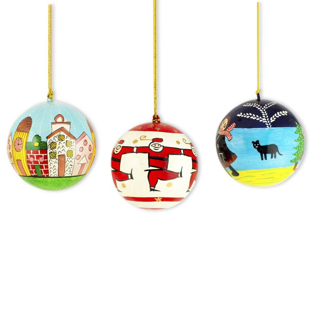 Set Of 3 Santa Wooden Christmas Ball Ornaments