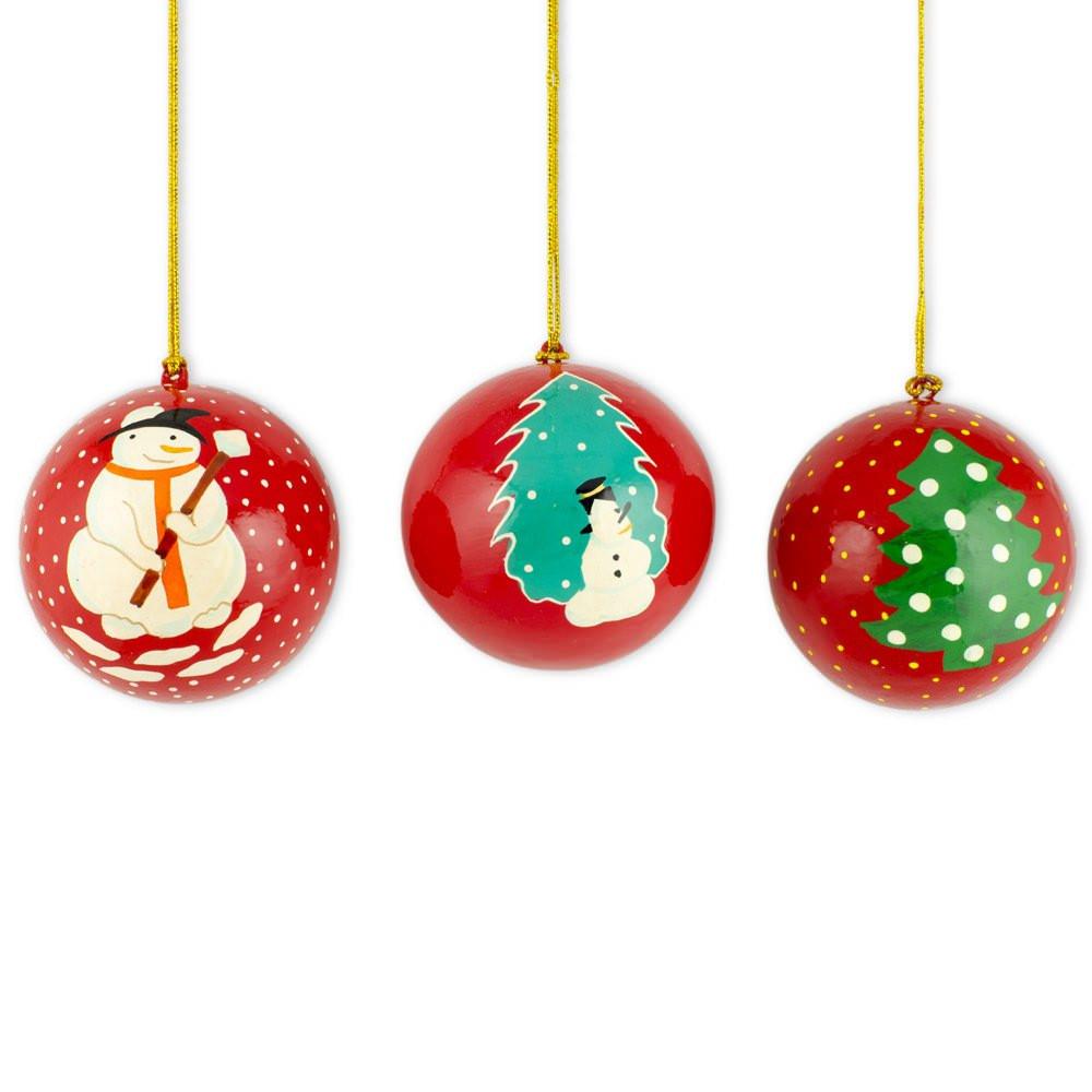 Set Of 3 Snowmen And Christmas Tree Wooden Christmas Ball Ornaments