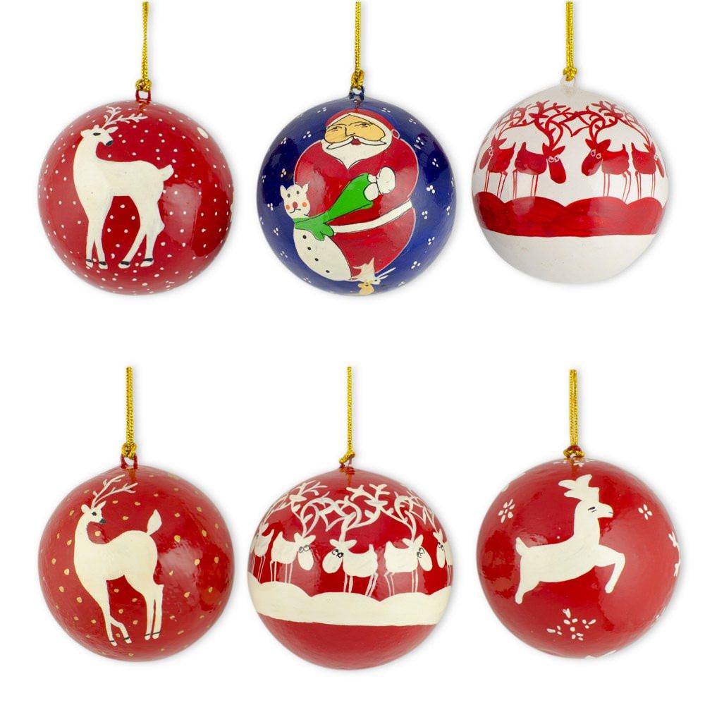 Set Of 6 Santa And Reindeer Wooden Christmas Ball Ornaments