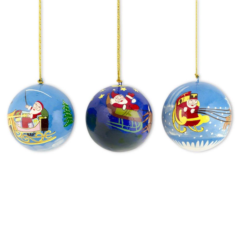 Set Of 3 Santa Sleigh And Reindeer Wooden Christmas Ball Ornaments