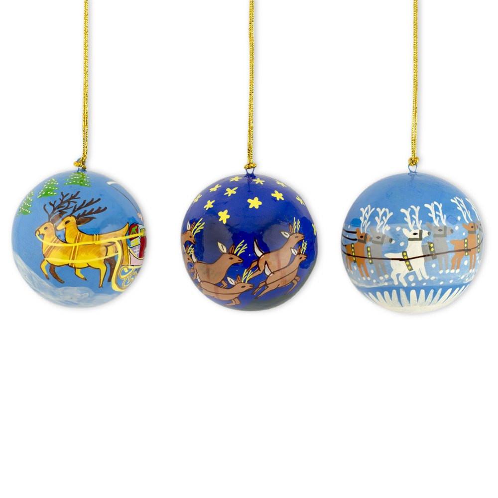 Set Of 3 Santa Sleigh And Reindeer Wooden Christmas Ball Ornaments