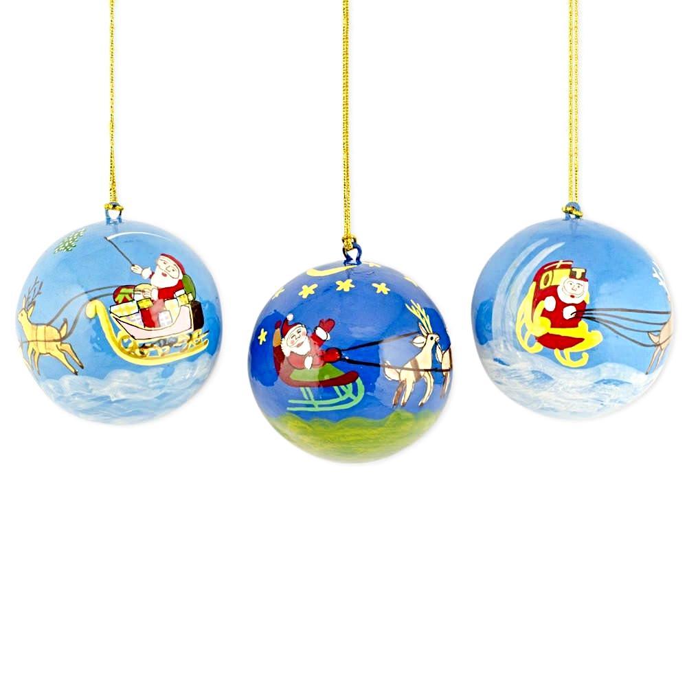 Set Of 3 Santa Sleigh And Reindeer Wooden Christmas Ball Ornaments