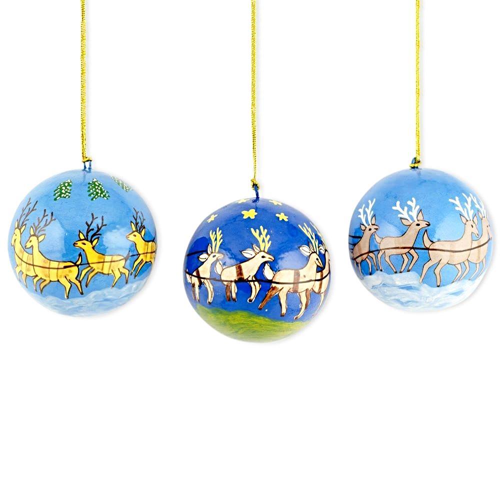 Set Of 3 Santa Sleigh And Reindeer Wooden Christmas Ball Ornaments