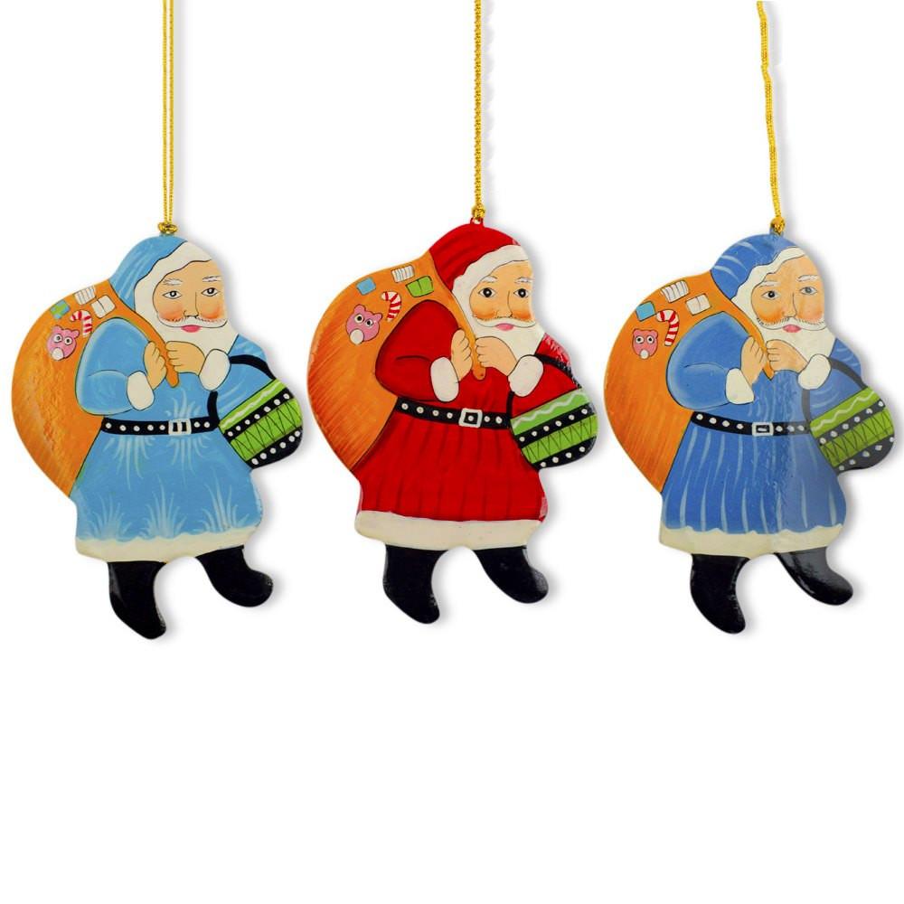 Set Of 3 Santa Claus With Gifts Wooden Christmas Ornaments