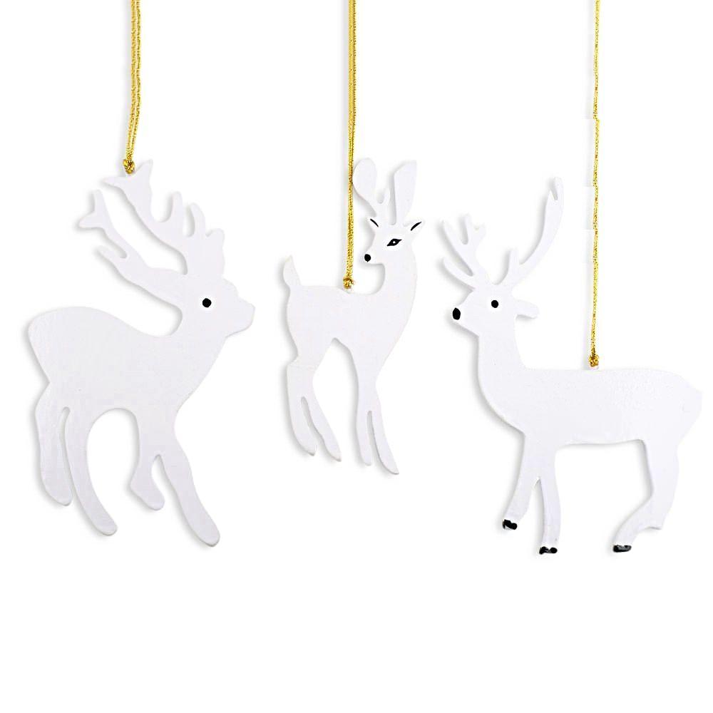 Set Of 3 White Deer Wooden Christmas Ornaments 7 Inches