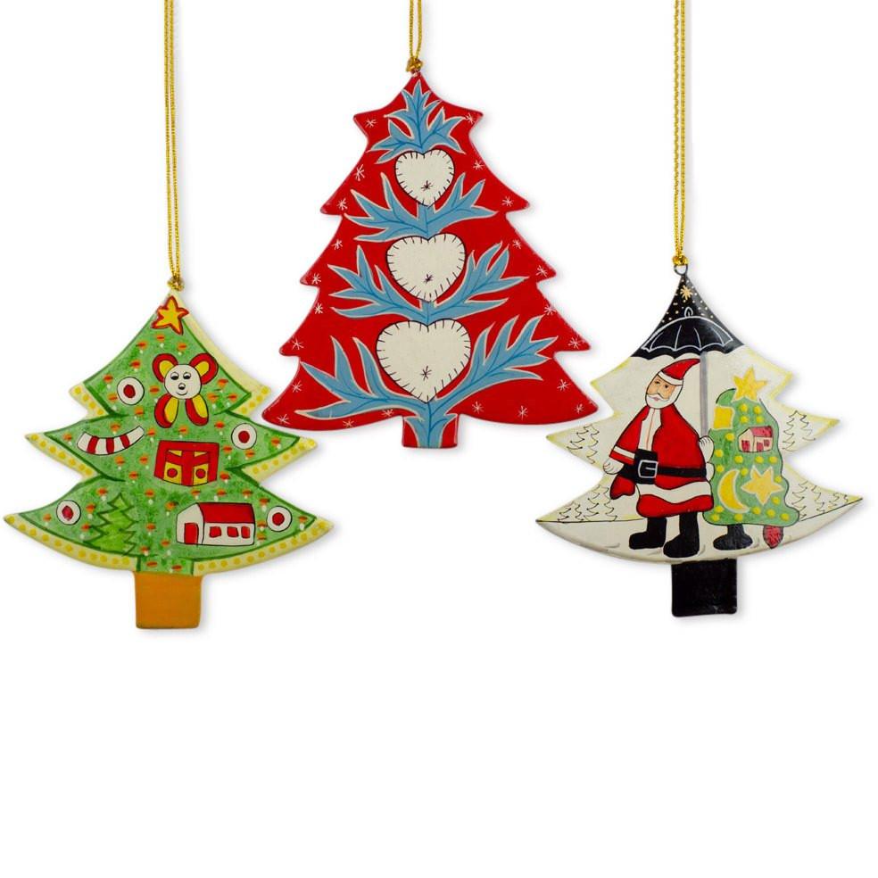 Set Of 3 Santa And Christmas Trees Wooden Christmas Ornaments