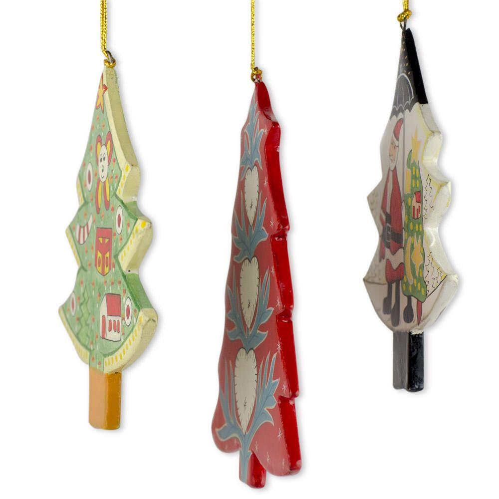 Set Of 3 Santa And Christmas Trees Wooden Christmas Ornaments