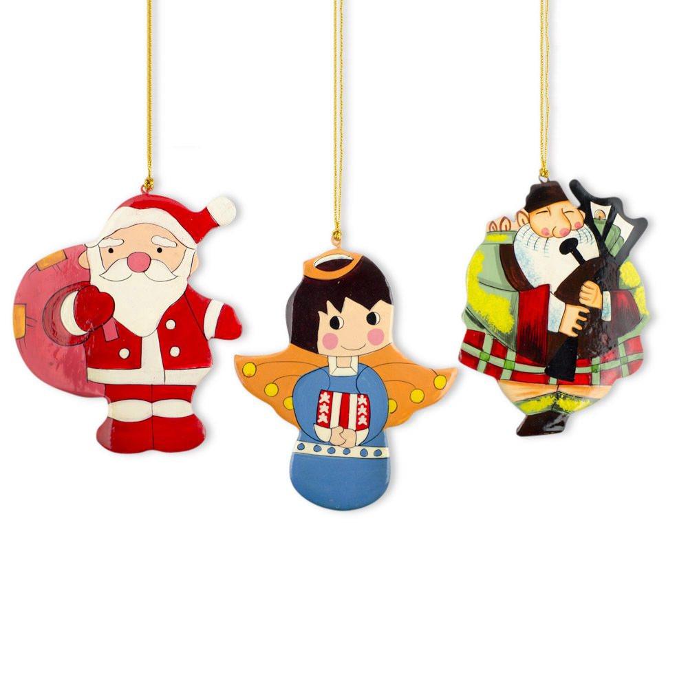 Scottish Bagpiper, Angel & Santa Wooden Christmas Ornaments