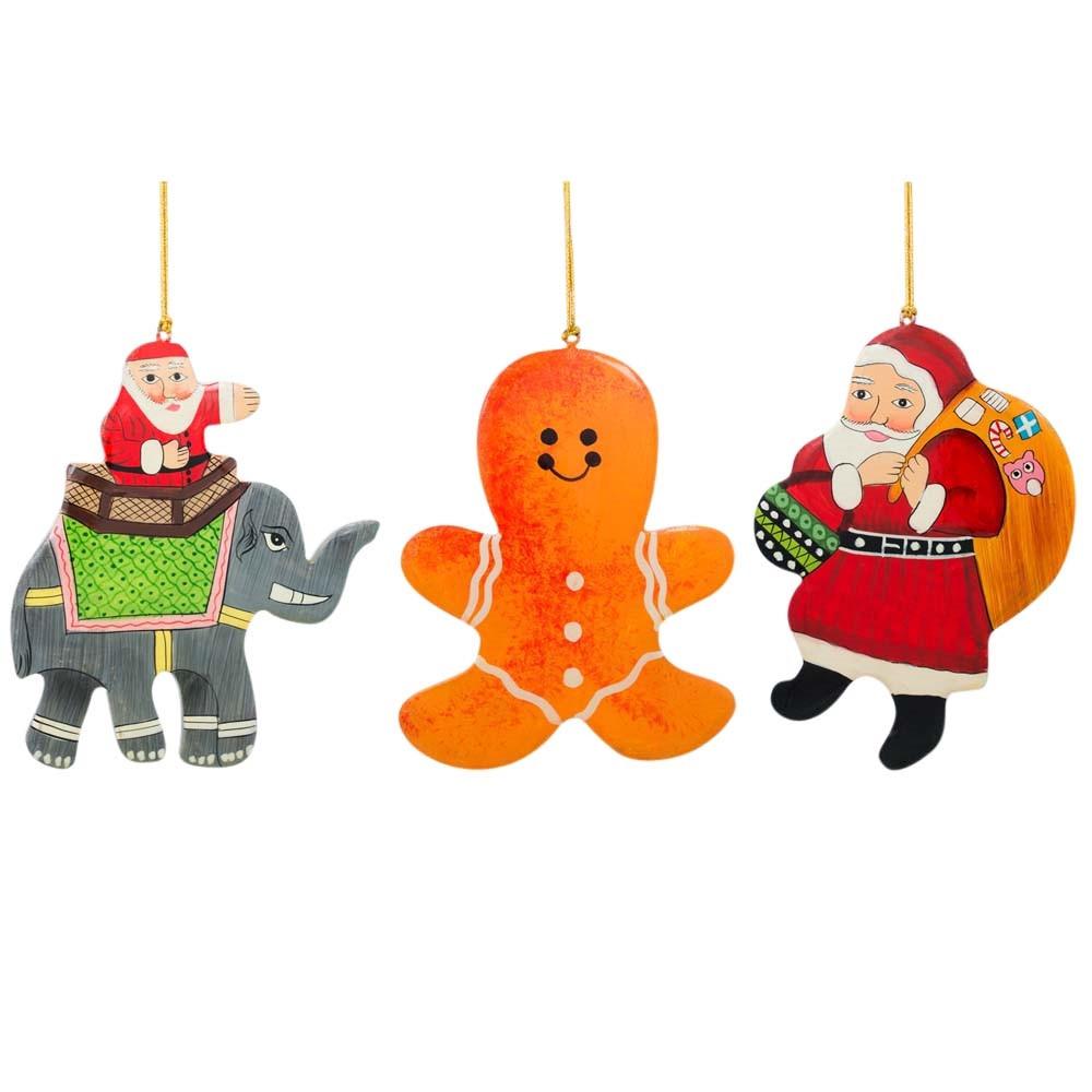 Set Of 3 Santa, Gingerbread And Elephant Wooden Christmas Ornaments