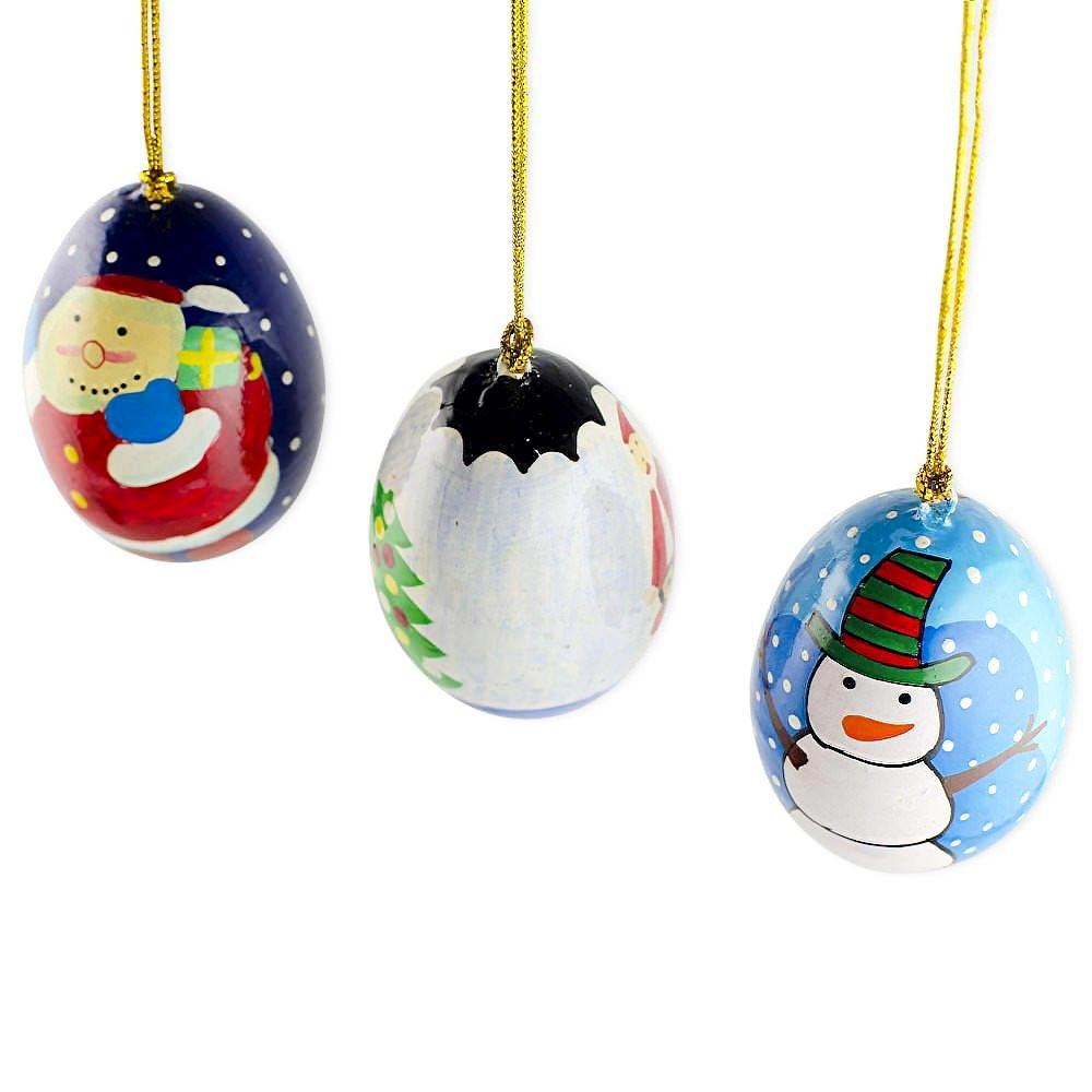 3 Wooden Egg Christmas Ornaments Santa, Christmas Tree And Snowman