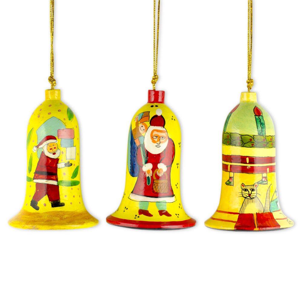 Set Of 3 Santa Wooden Bell Christmas Ornaments