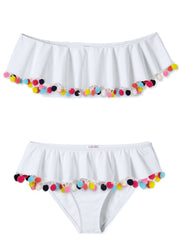 White Draped Bikini With Multicolor Pom Poms