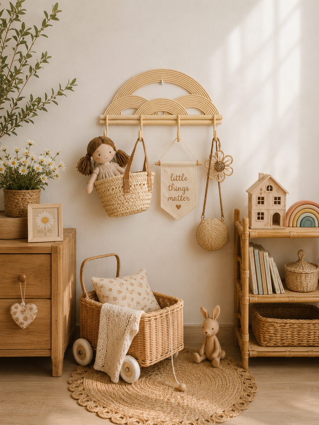 Montessori Rainbow Wall Hanger  |  Rattan Wall Rack | Boho Nursery Wall Hooks For Kids