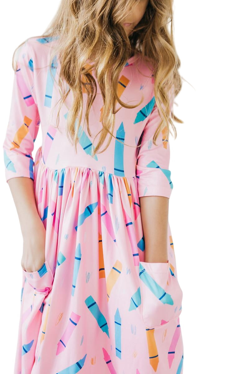 Color Crayons 3/4 Sleeve Pocket Twirl Dress