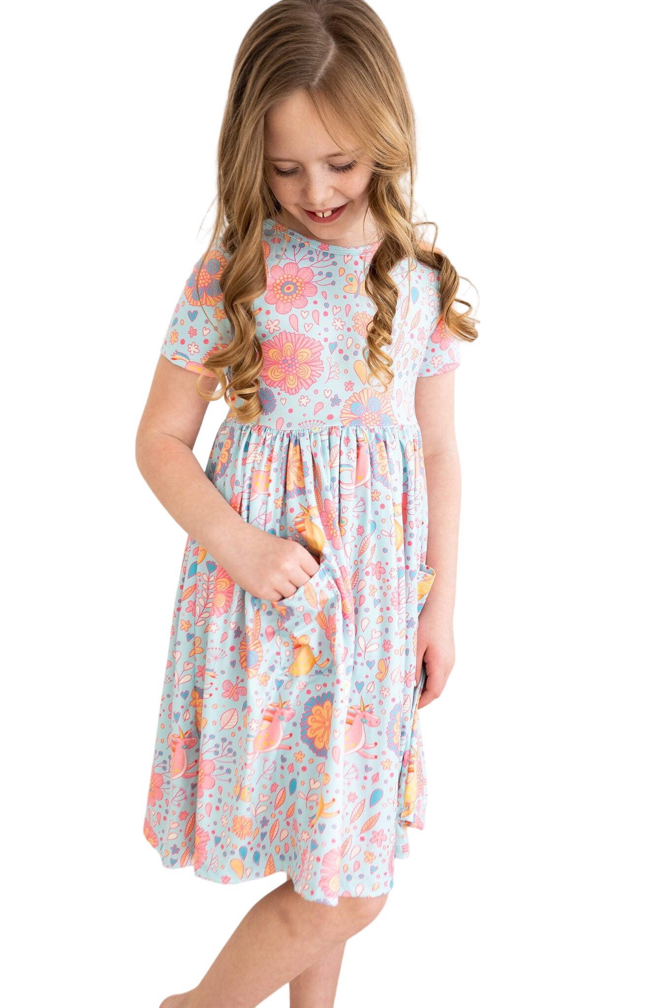 Blue Retro Unicorns S/s Pocket Twirl Dress