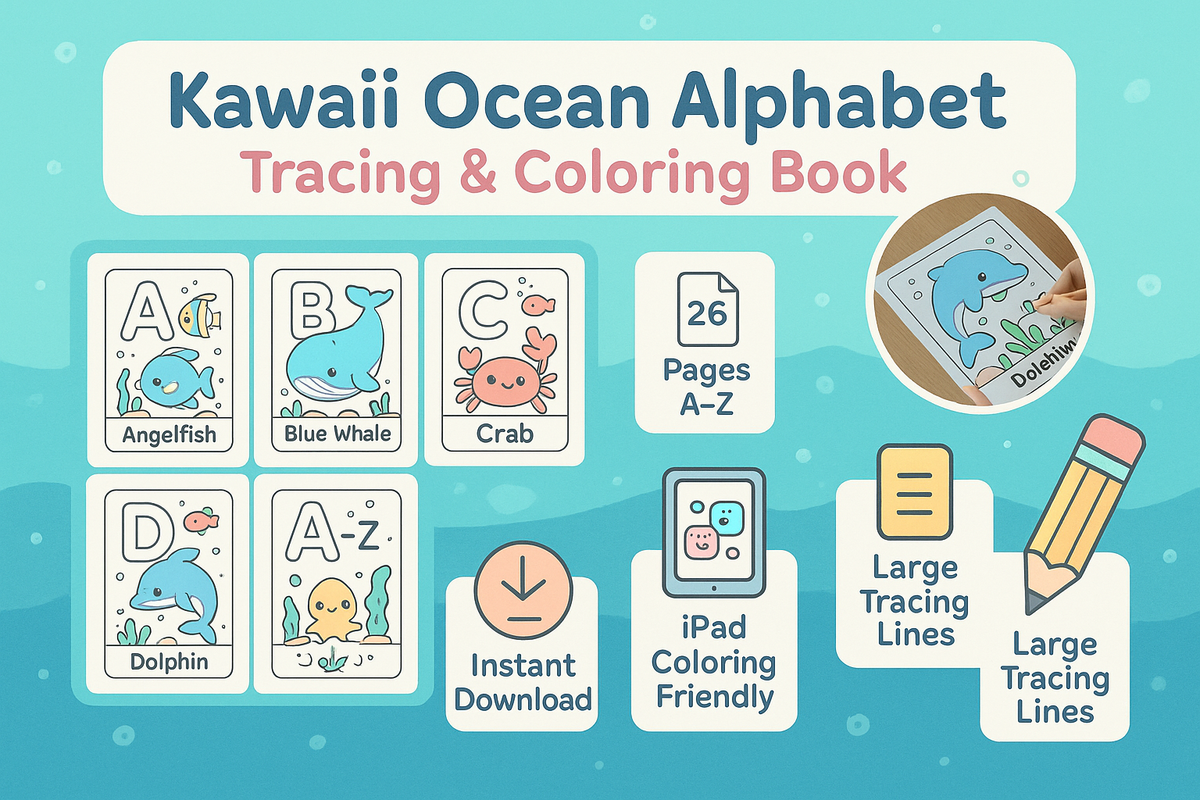 Kawaii Ocean Alphabet Tracing & Coloring Book | Digital Download Pdf