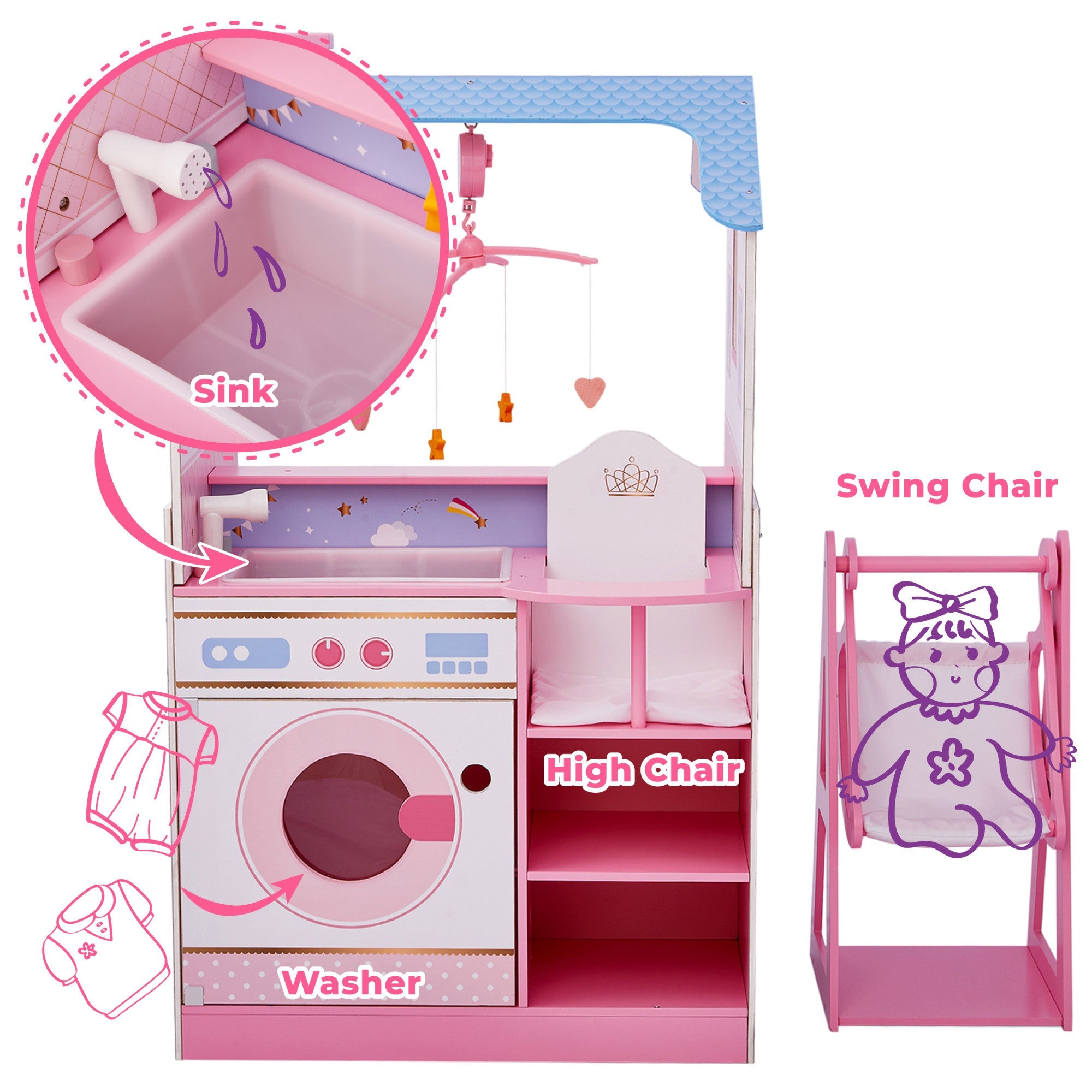 Olivia's Little World Baby Doll Changing Station Dollhouse With Storage, Pink