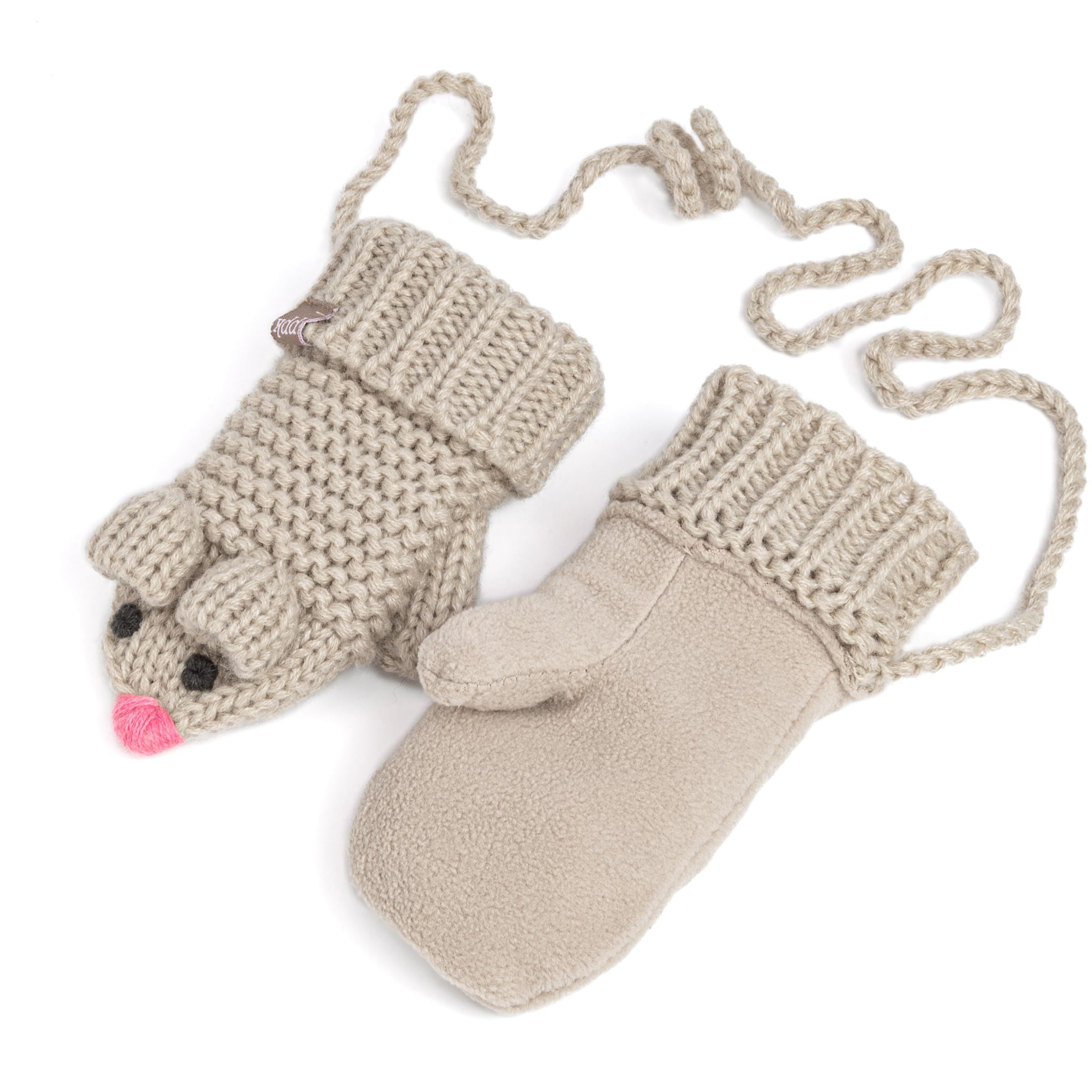 Mouse Face Knit Mittens With String For Kids 1-6 Years, Unisex