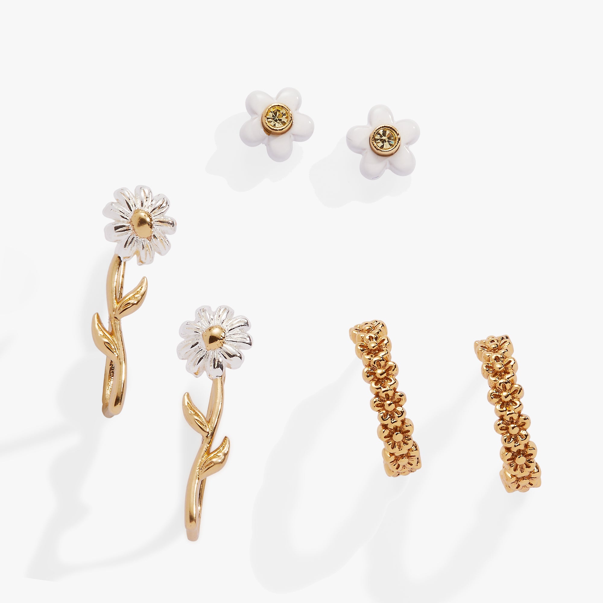 Daisy Flower Stud And Huggie Hoop Earring Set Of 3