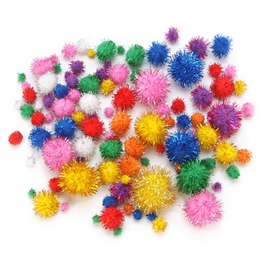 Set Of 100 Assorted Size Multicolored Fluffy Pom Poms