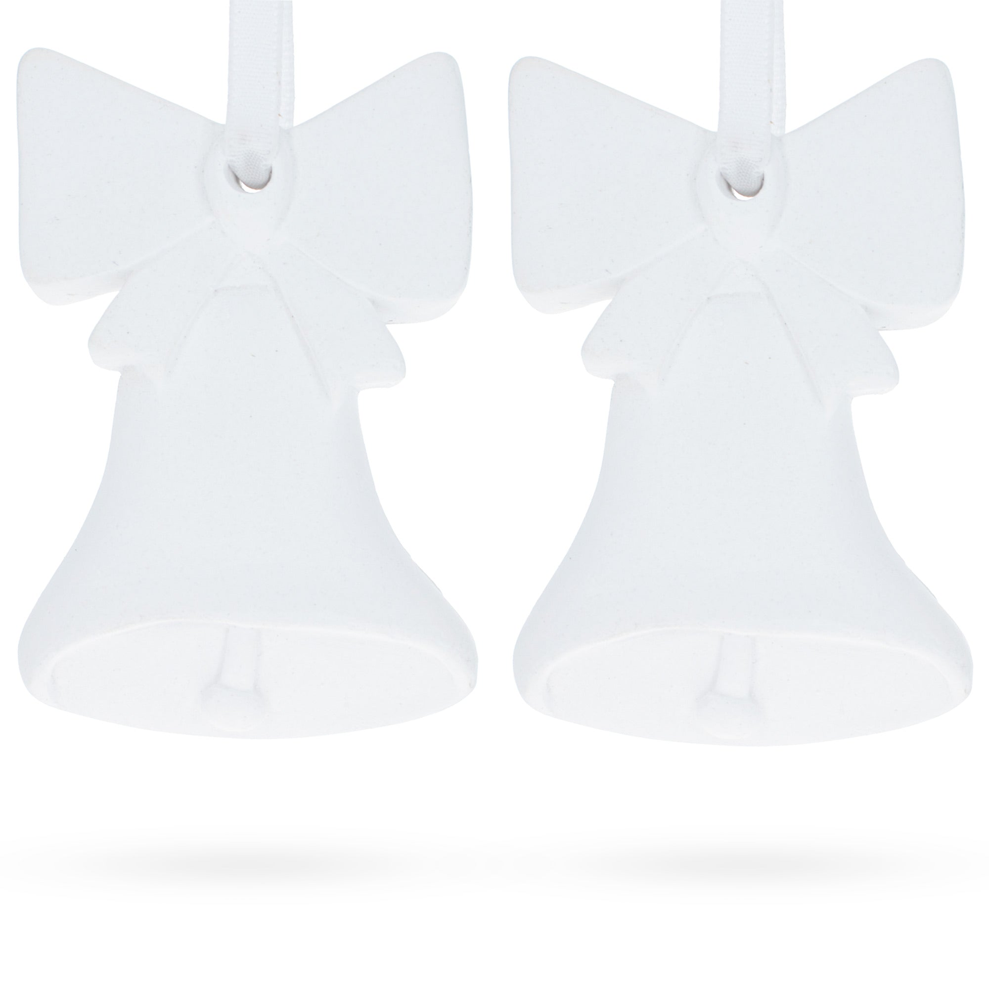 Set Of 2 Blank Unfinished White Plaster Bells With Bows Christmas Ornaments Diy Craft 3.3 Inches