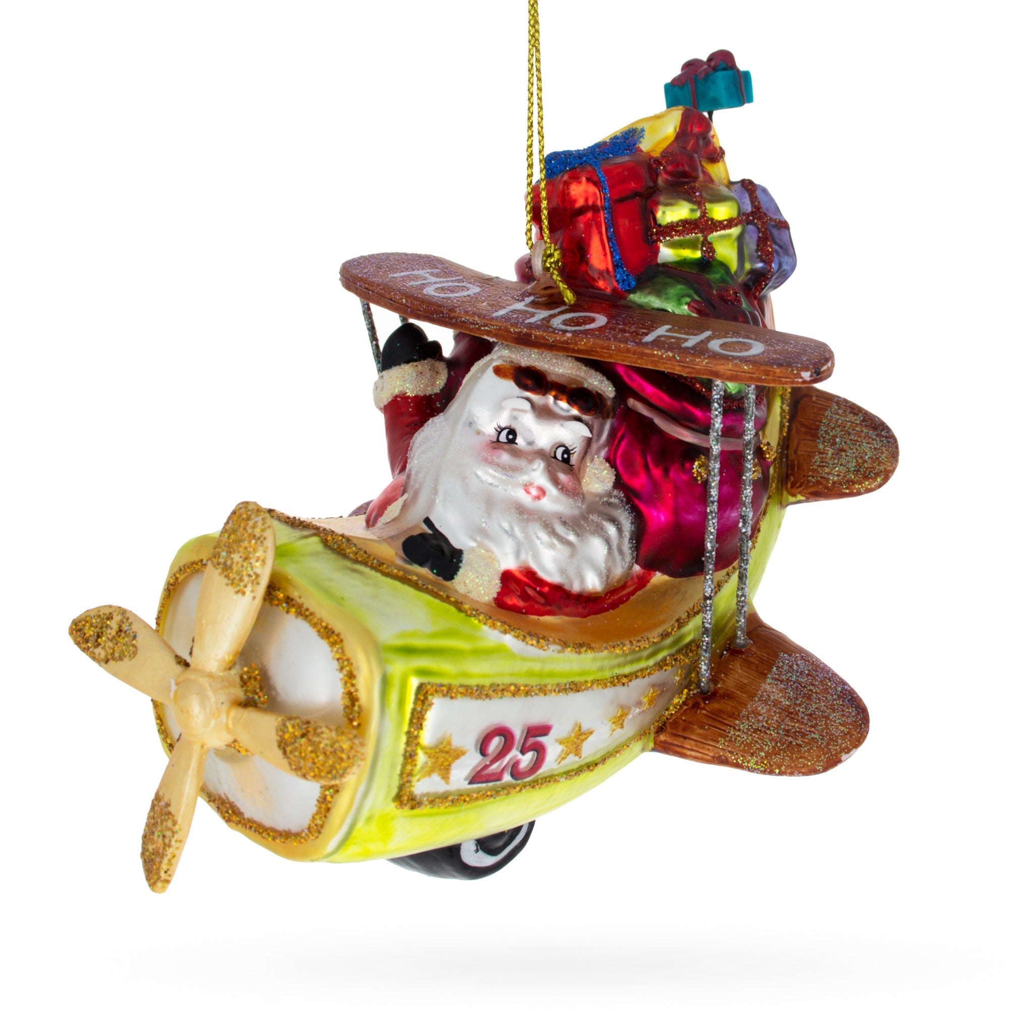 Santa Delivering Gifts On Airplane Glass Christmas Ornament