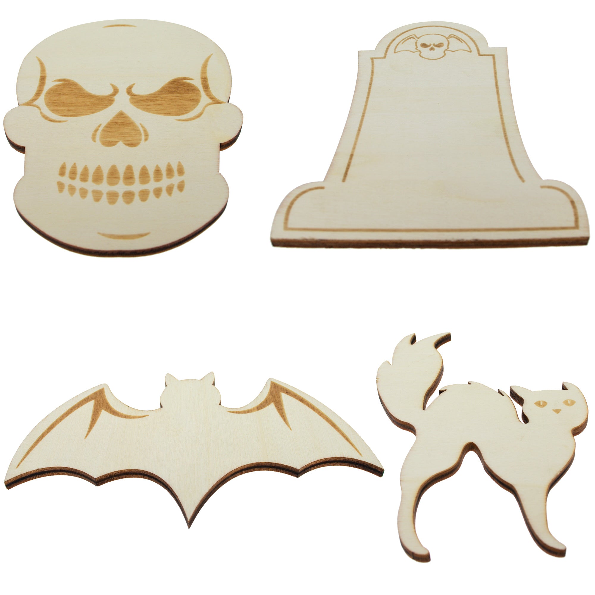 Set Of 4 Unfinished Wooden Halloween Theme Shape Cutout Diy Craft 4.9 Inches