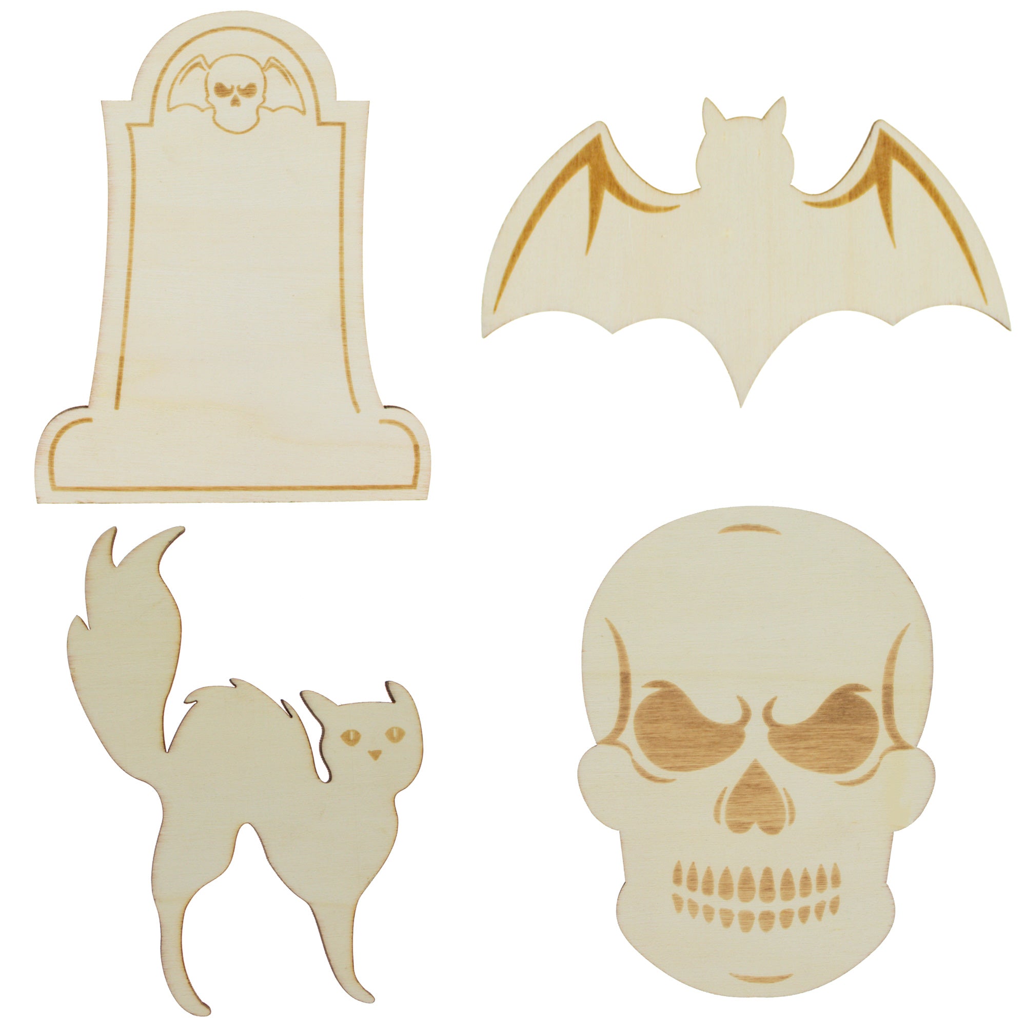 Set Of 4 Unfinished Wooden Halloween Theme Shape Cutout Diy Craft 4.9 Inches