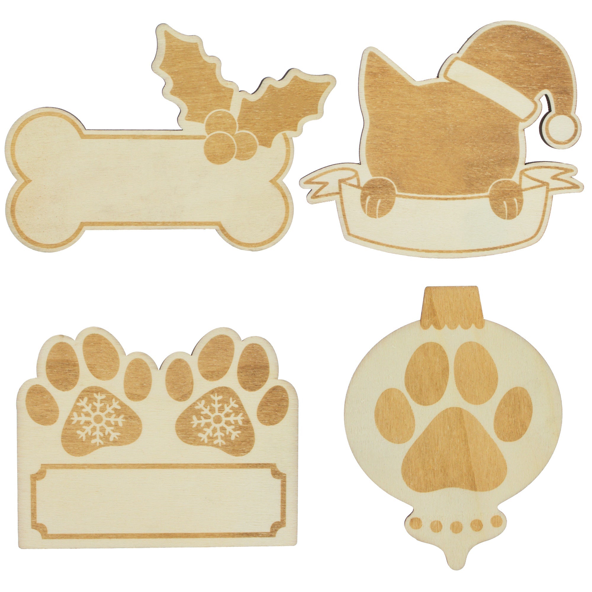 Set Of 4 Unfinished Wooden Etched Dog And Cat Shape Cutout Diy Craft 3.9 Inches