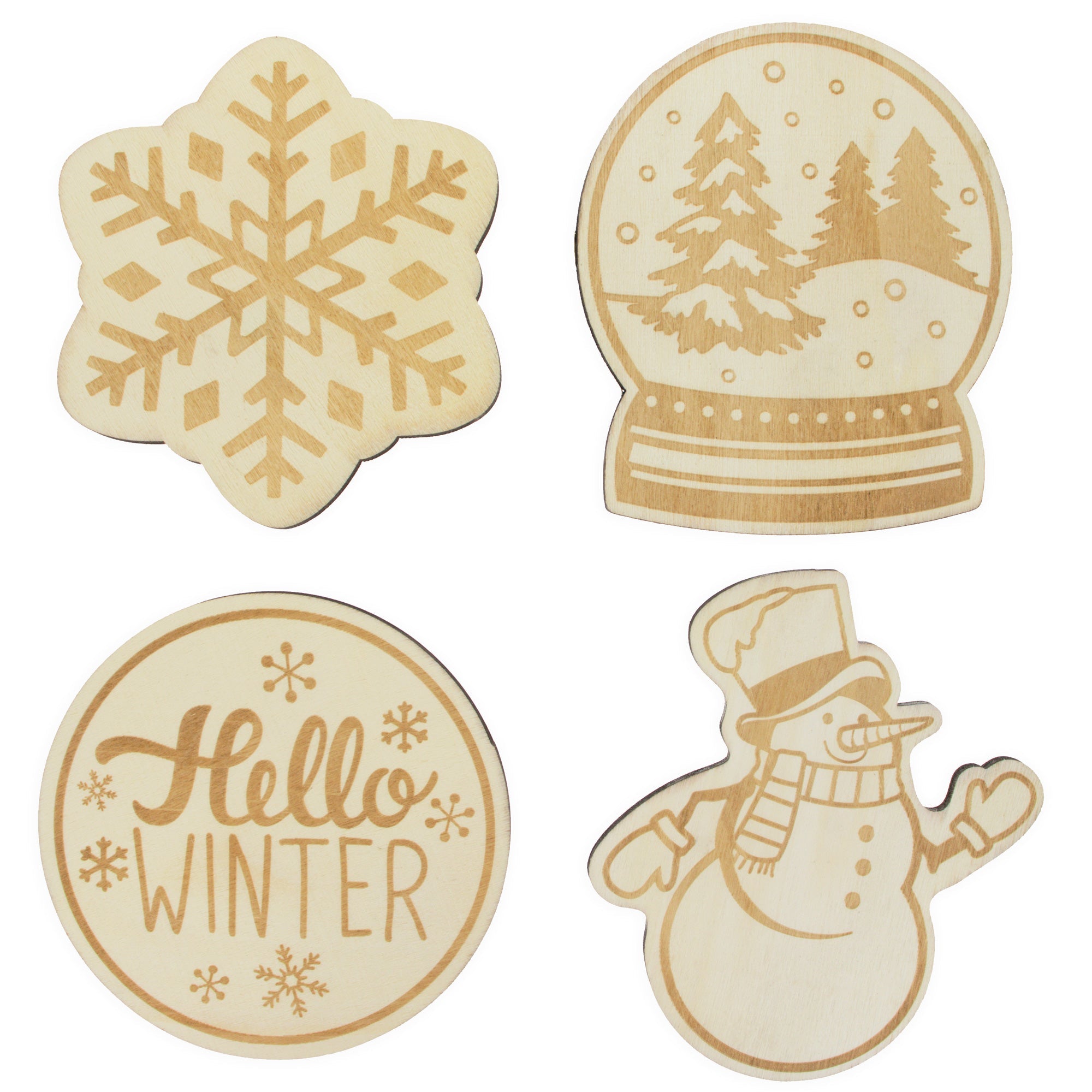 Set Of 4 Unfinished Wooden Etched Winter Theme Cutout Diy Craft 4.8 Inches