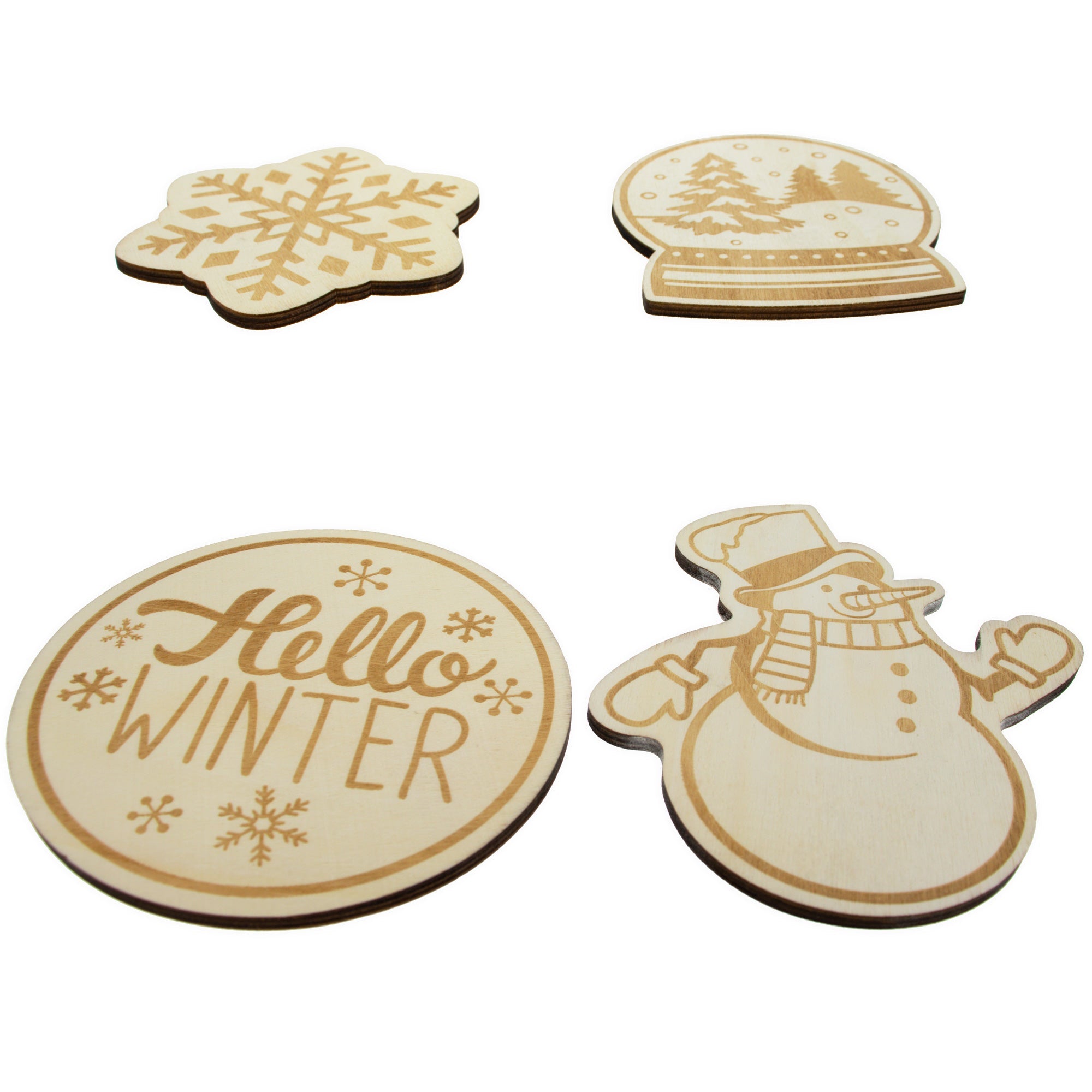 Set Of 4 Unfinished Wooden Etched Winter Theme Cutout Diy Craft 4.8 Inches