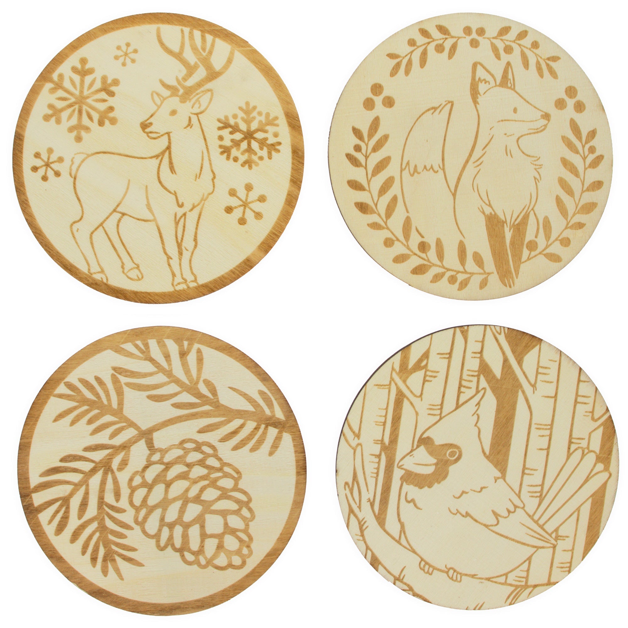 Set Of 4 Unfinished Wooden Etched Animals And Forest Life Theme Cutout Diy Craft 4.4 Inches