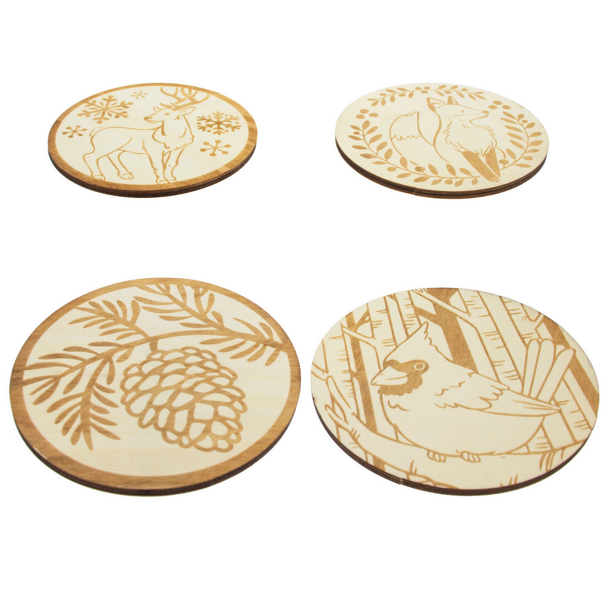 Set Of 4 Unfinished Wooden Etched Animals And Forest Life Theme Cutout Diy Craft 4.4 Inches